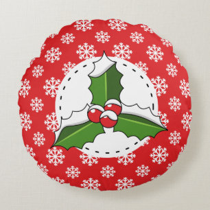 Holly Berry on Red White Snowflakes Pattern Round Cushion