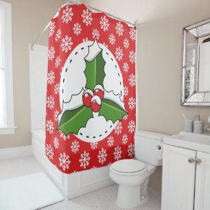 Holly Berry on Red White Snowflakes Pattern Shower Curtain