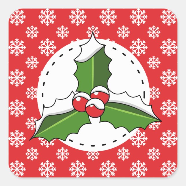 Holly Berry on Red White Snowflakes Pattern Square Sticker (Front)