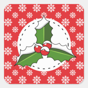 Holly Berry on Red White Snowflakes Pattern Square Sticker