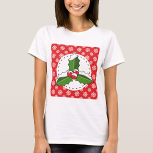 Holly Berry on Red White Snowflakes Pattern T-Shirt