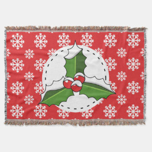 Holly Berry on Red White Snowflakes Pattern Throw Blanket