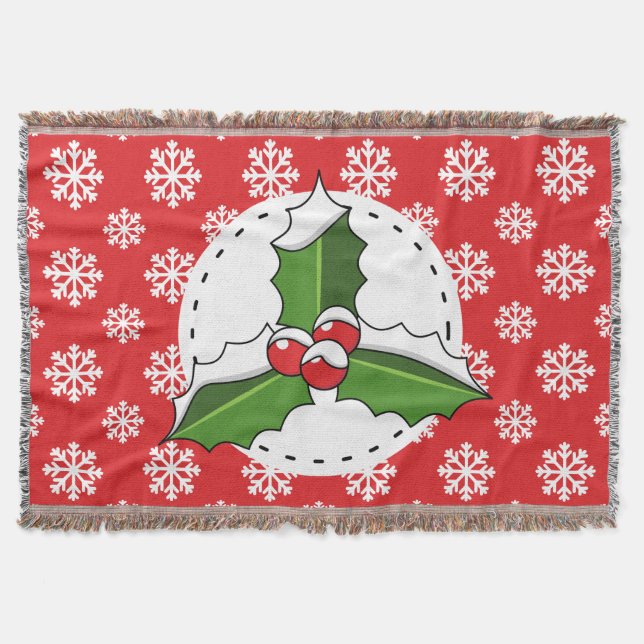 Holly Berry on Red White Snowflakes Pattern Throw Blanket (Front)