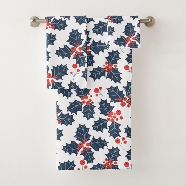 Holly berry on white bath towel set (Insitu)