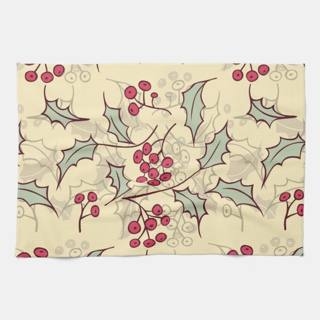 Holly berry pattern design tea towel (Horizontal)