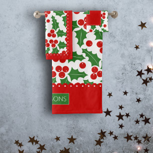 Holly berry pattern, scalloped borders Christmas Bath Towel Set