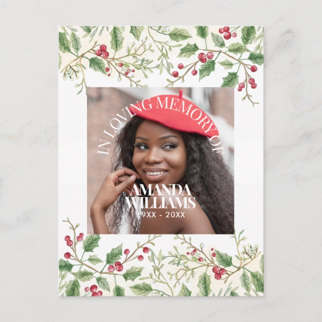 Holly Berry Personalised Photo Memorial Christmas Postcard (Front)