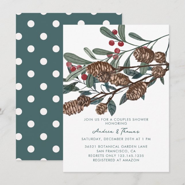 Holly Berry | Pine Cone | Rustic  Couples Shower Invitation (Front/Back)