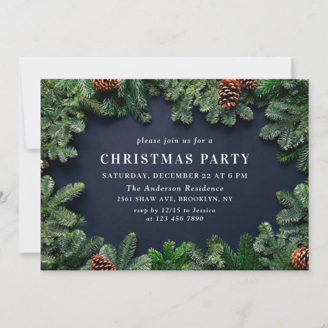 Holly Berry Pine Cones Branch Christmas Party Invitation (Front)
