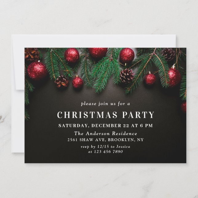 Holly Berry Pine Cones Branch Christmas Party Invitation (Front)