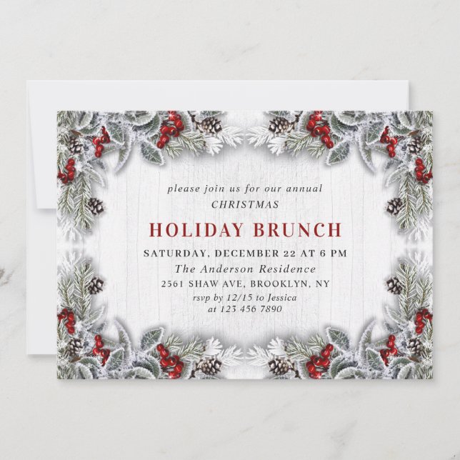 Holly Berry Pine Cones Branch HOLIDAY BRUNCH Invitation (Front)