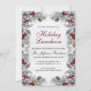 Holly Berry Pine Cones Branch Holiday Luncheon Invitation