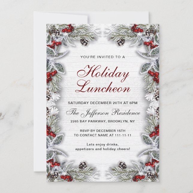 Holly Berry Pine Cones Branch Holiday Luncheon Invitation (Front)