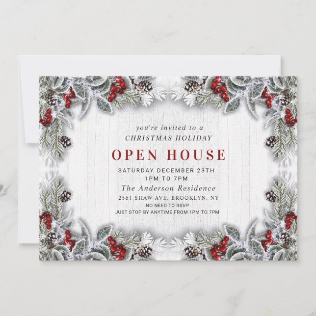 Holly Berry Pine Cones Christmas Open House Invitation (Front)