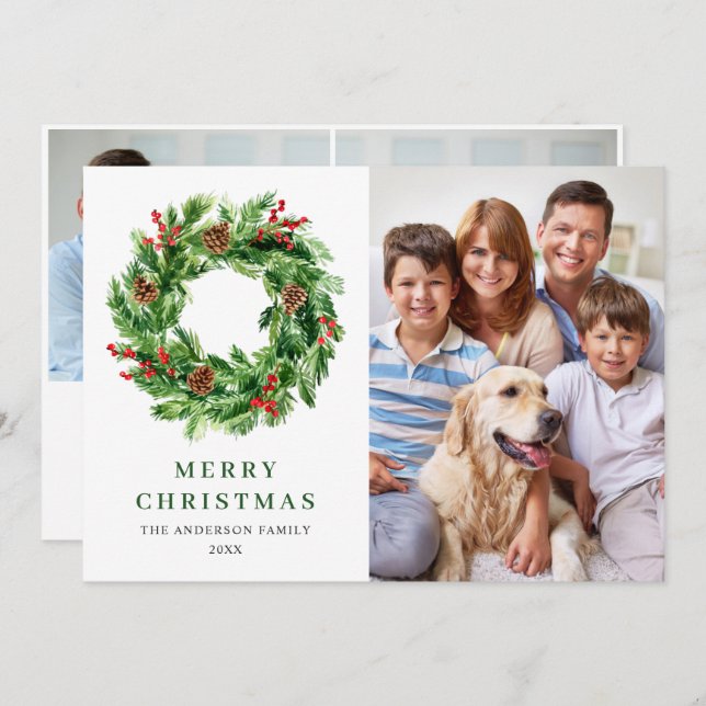 Holly Berry Pine Cones Christmas Wreath 3 PHOTO Holiday Card (Front/Back)