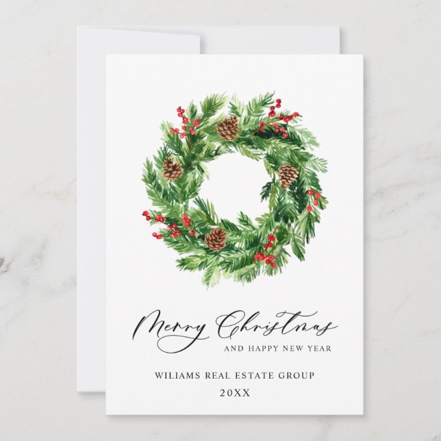 Holly Berry Pine Cones Christmas Wreath Corporate Holiday Card (Front)