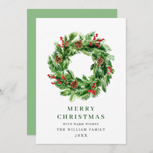 Holly Berry Pine Cones Christmas Wreath Holiday Card