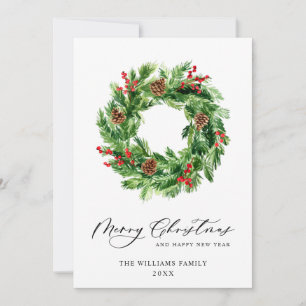 Holly Berry Pine Cones Christmas Wreath Holiday Card