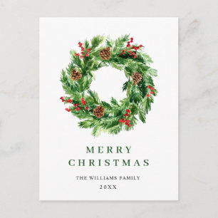 Holly Berry Pine Cones Christmas Wreath Postcard