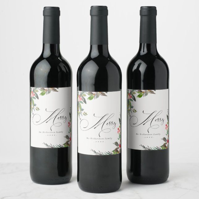 Holly Berry Pine Red Green Merry Christmas Wine Label (Bottles)