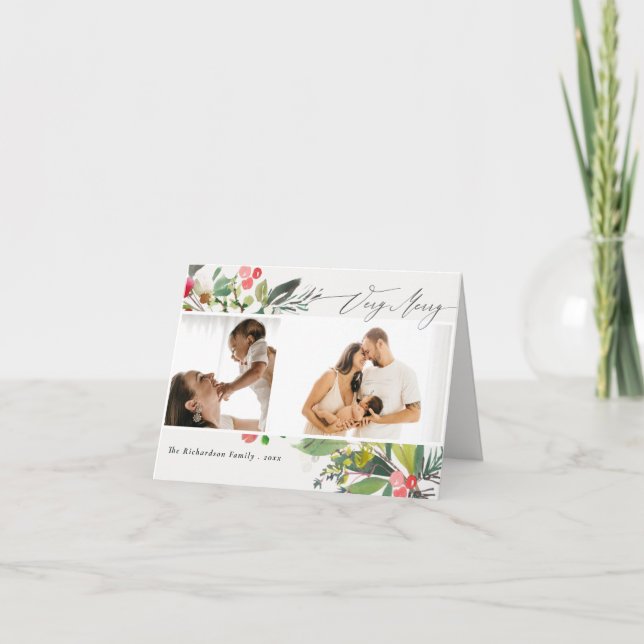 Holly Berry Pine Very Merry Christmas 2 Photo Holiday Card (Front)