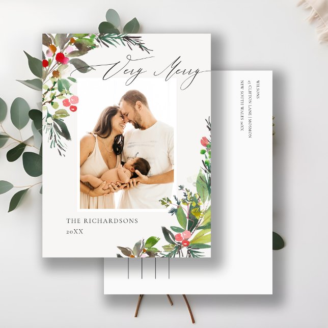 Holly Berry Pine Very Merry Christmas Photo Frame Postcard (Creator Uploaded)