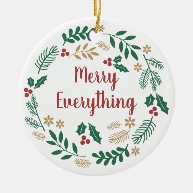 Holly Berry Pine Wreath Merry Everything Photo  Ceramic Ornament (Front)