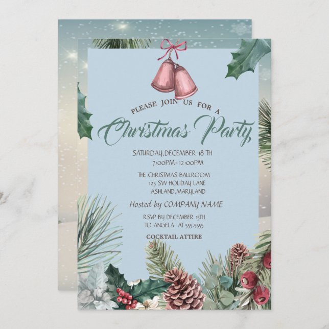 Holly Berry Pinecones Bell Company Christmas Party Invitation (Front/Back)