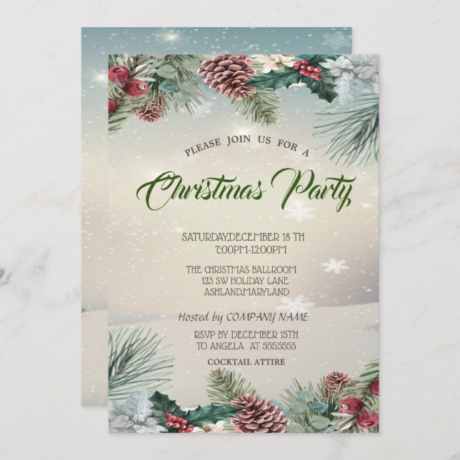 Holly Berry Pinecones  Company Christmas Party Invitation (Front/Back)