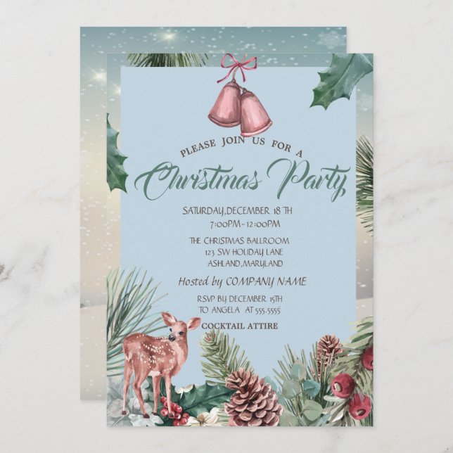 Holly Berry Pinecones,Deer Company Christmas Party Invitation (Front/Back)