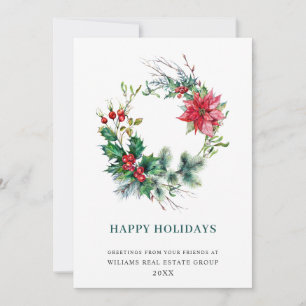 Holly Berry Poinsettia Wreath Christmas Corporate Holiday Card