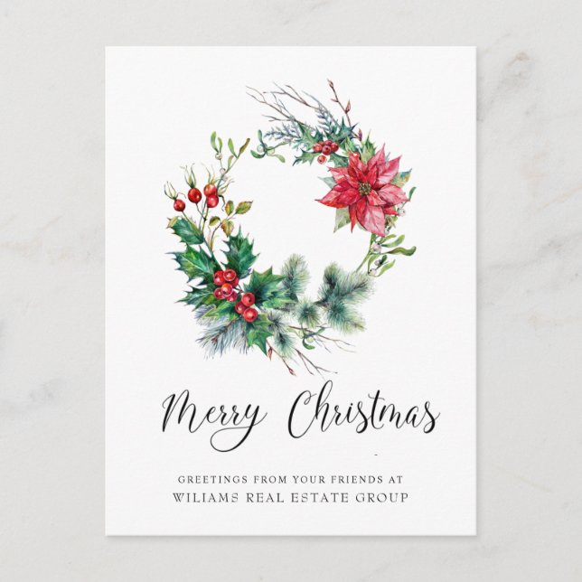 Holly Berry Poinsettia Wreath Corporate Christmas Holiday Postcard (Front)