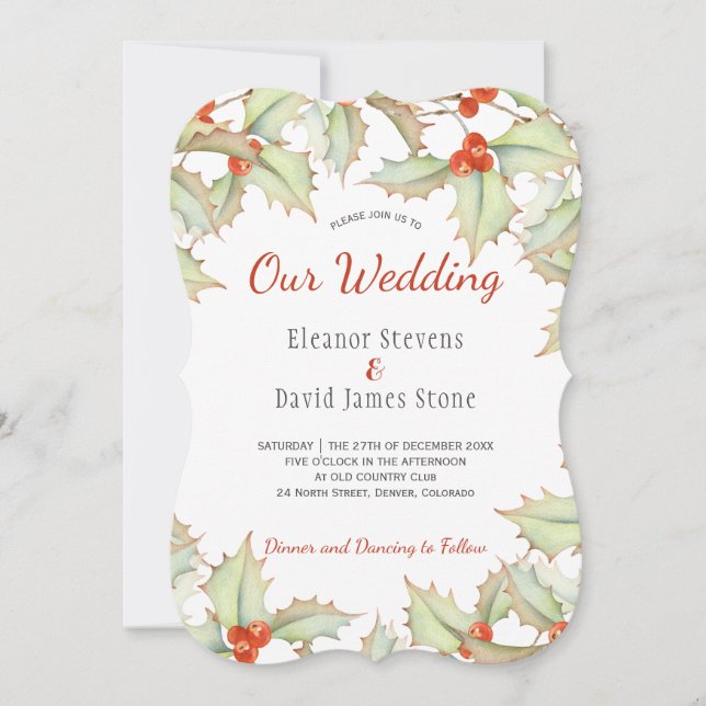 Holly berry red and green winter elegant wedding invitation (Front)
