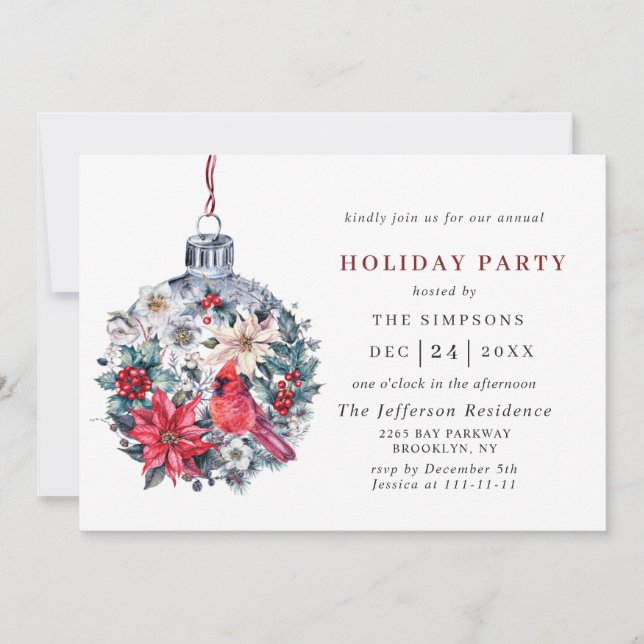 Holly Berry Red Cardinal Christmas Holiday Party Invitation (Front)