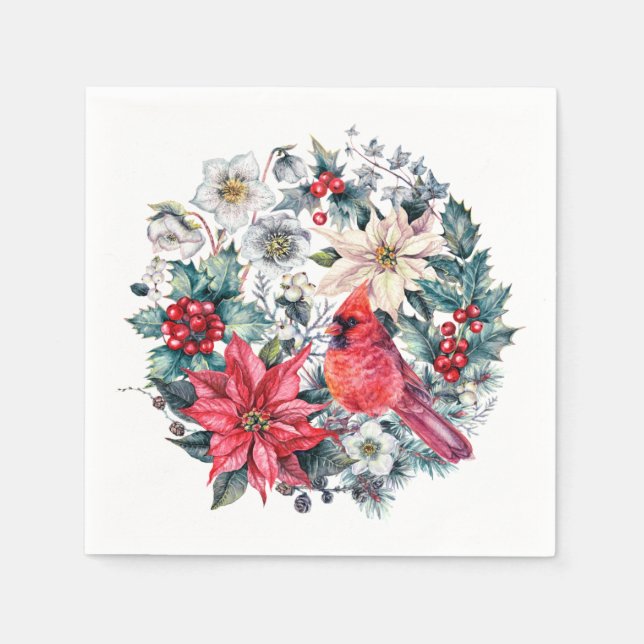 Holly Berry Red Cardinal Vintage Christmas Holiday Napkin (Front)