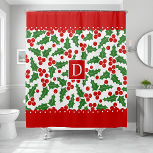 Holly berry scalloped borders monogram Christmas Shower Curtain