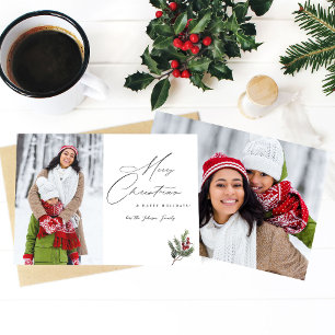 Holly Berry Simple Elegant Merry Christmas 2 Photo Invitation