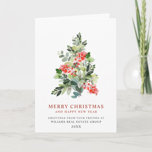 Holly Berry Tree Christmas Corporate Greeting Holiday Card (Front)