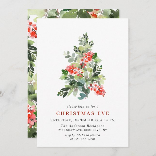 Holly Berry Tree Christmas Eve Holiday Party Invitation (Front/Back)
