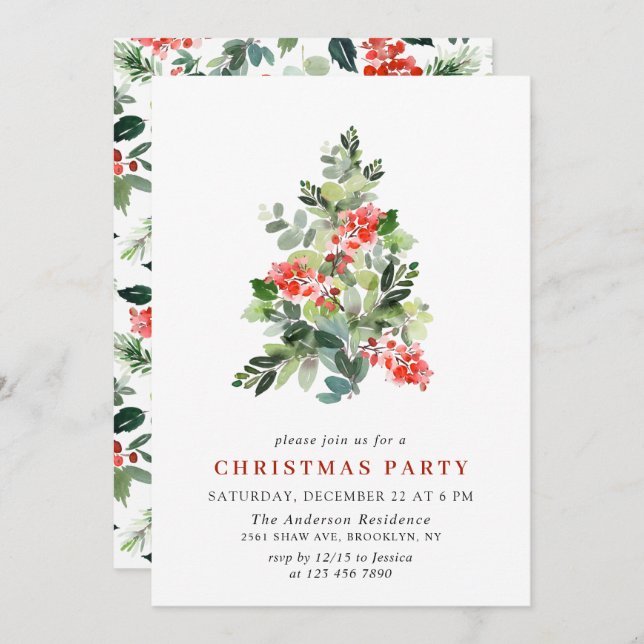 Holly Berry Tree Holiday CHRISTMAS PARTY Invitation (Front/Back)