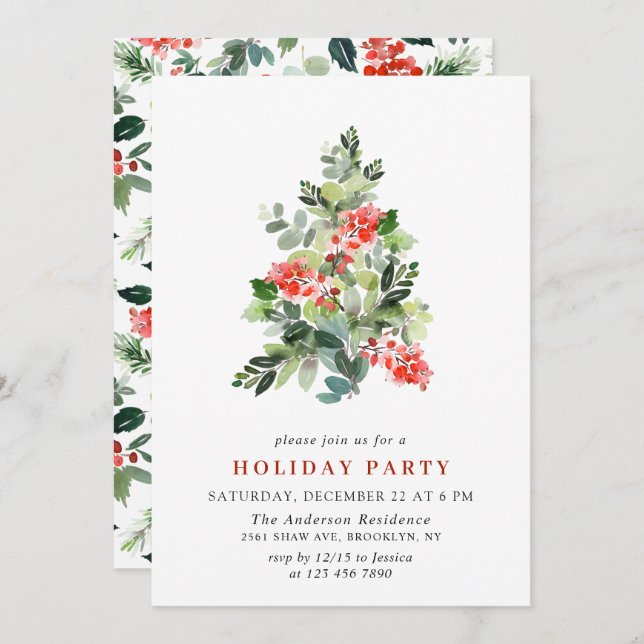 Holly Berry Tree Holiday CHRISTMAS PARTY Invitation (Front/Back)