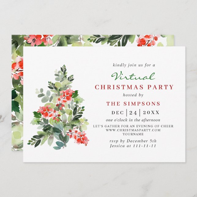 Holly Berry Tree Virtual CHRISTMAS HOLIDAY Party Invitation (Front/Back)