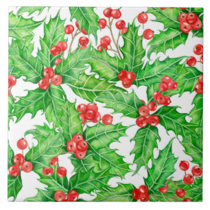 Holly berry watercolor Christmas pattern Ceramic Tile