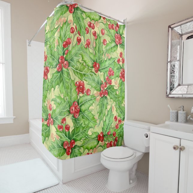Holly berry watercolor Christmas pattern Shower Curtain (In Situ)