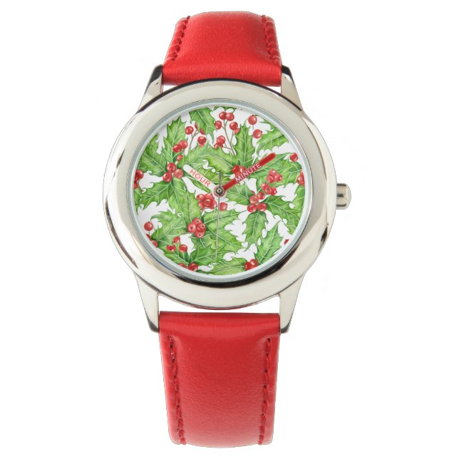 Holly berry watercolor Christmas pattern Watch (Front)
