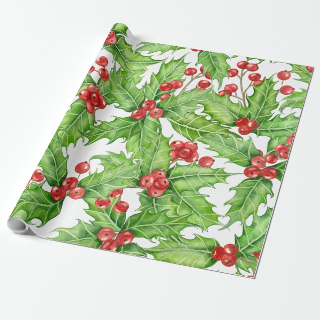 Holly berry watercolor Christmas pattern Wrapping Paper (Unrolled)