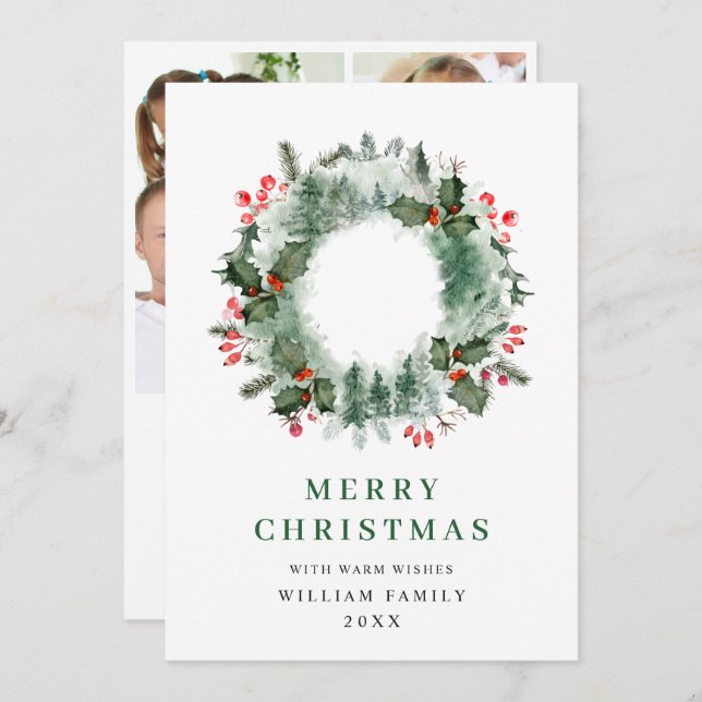 Holly Berry Wreath Christmas Greeting 3 Photo Holiday Card (Front/Back)