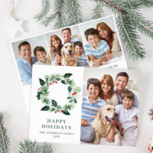 Holly Berry Wreath Christmas Greeting 4 PHOTO Holiday Card