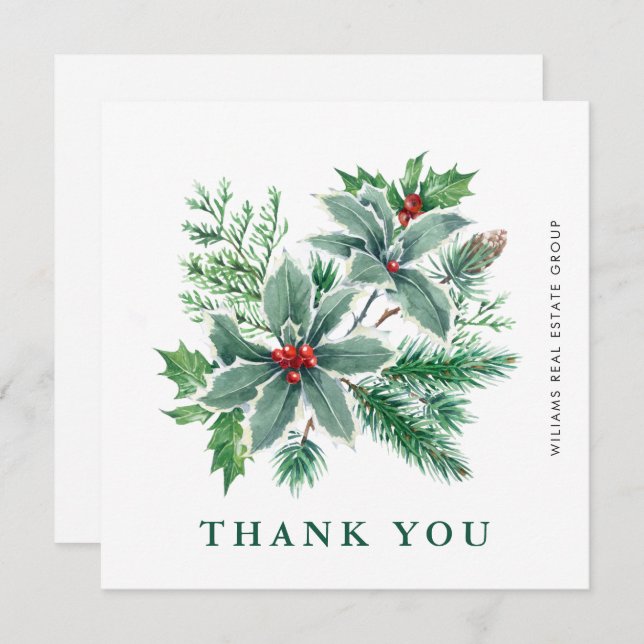 Holly Berry Wreath Christmas Greeting Holiday Than Thank You Card (Front/Back)