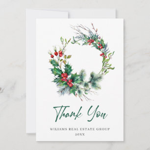 Holly Berry Wreath Christmas Greeting Holiday Thank You Card